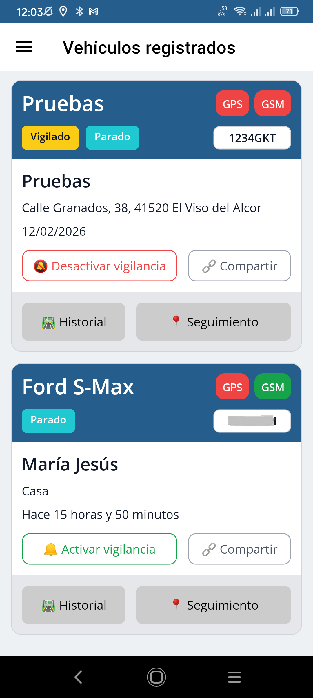 Listado de vehículos de la app Geokontrol