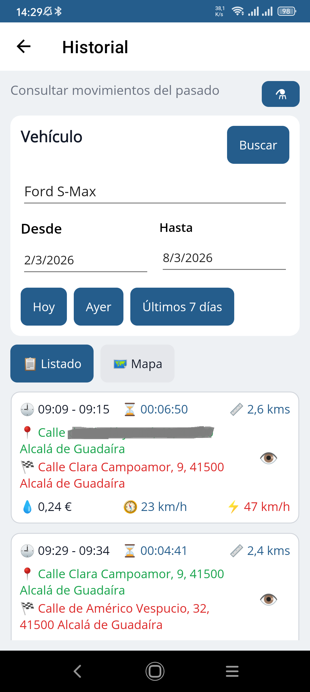 Pantallas de historial y configuración de Geokontrol