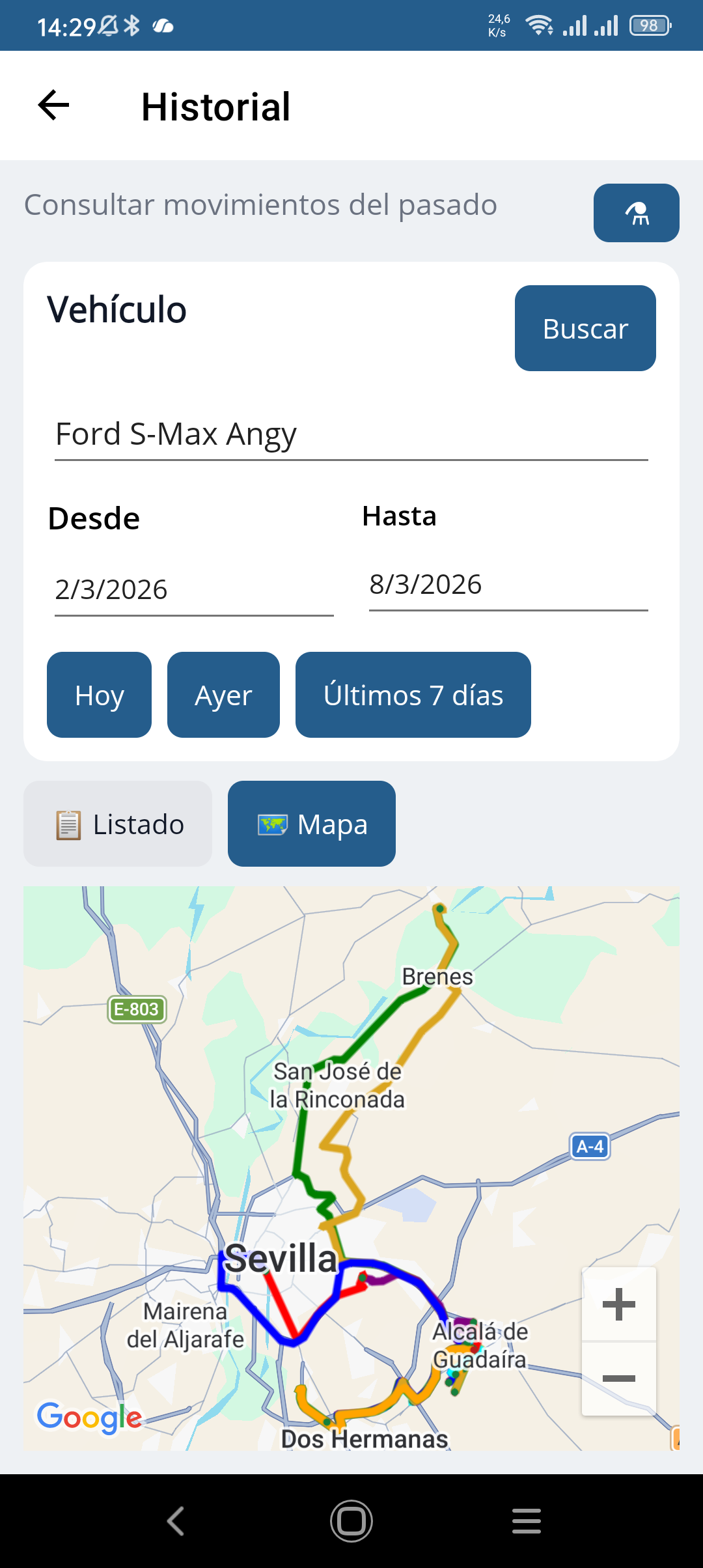 Pantallas de historial y configuración de Geokontrol
