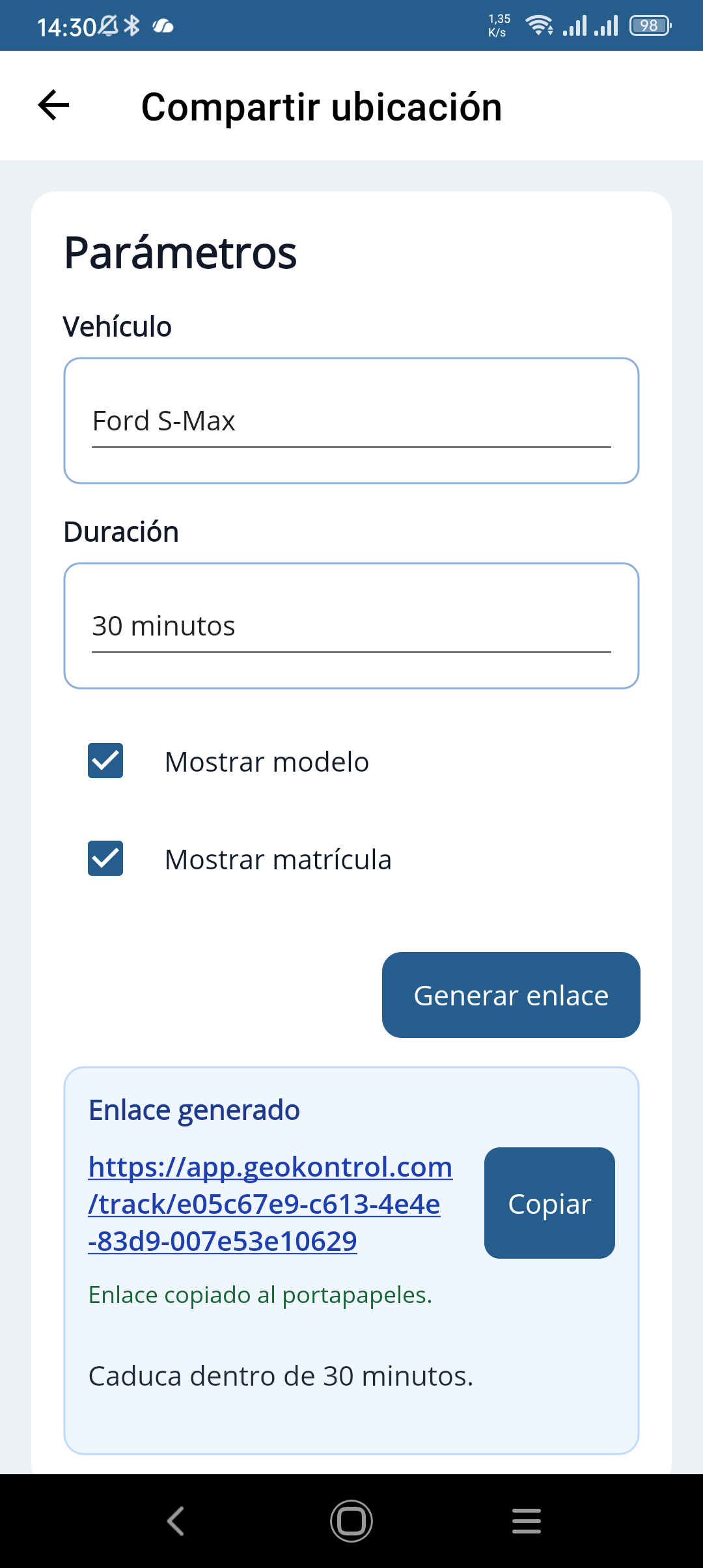 Pantalla de compartir vehículo de Geokontrol