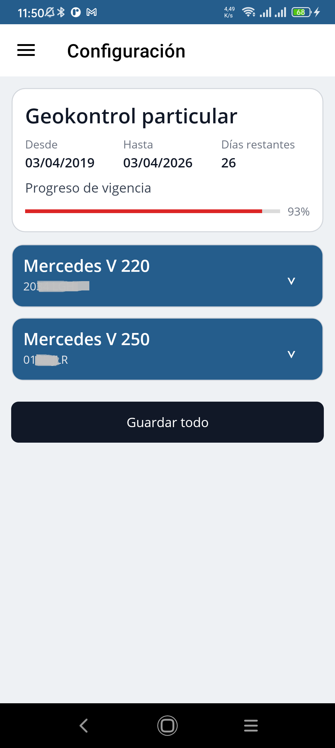 Pantalla de configuración de Geokontrol